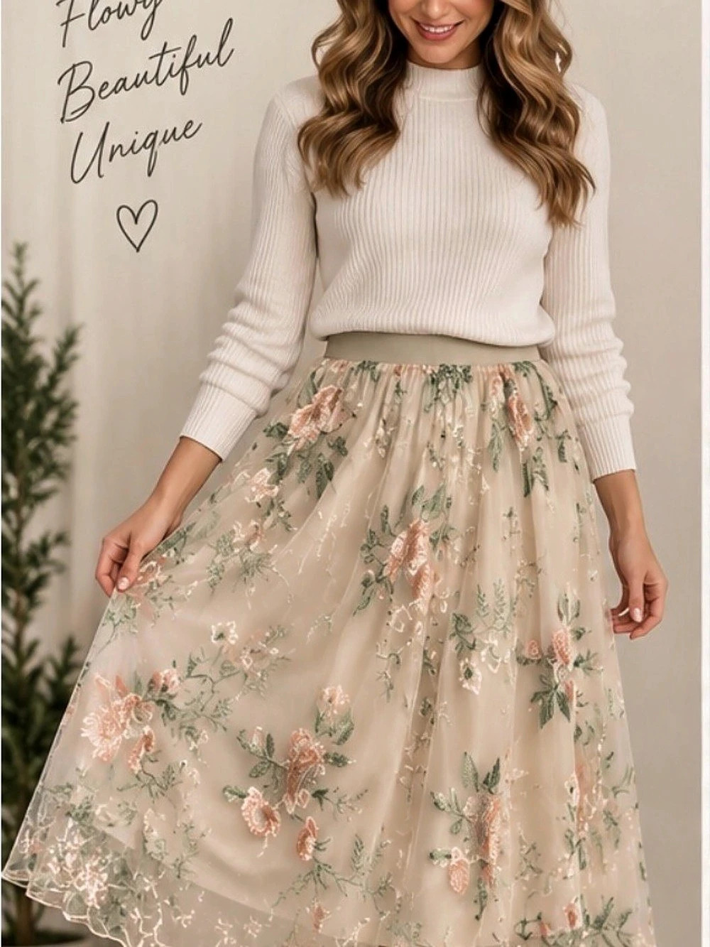 17” w Floral Midi Skirt in Cream & Pink Like New